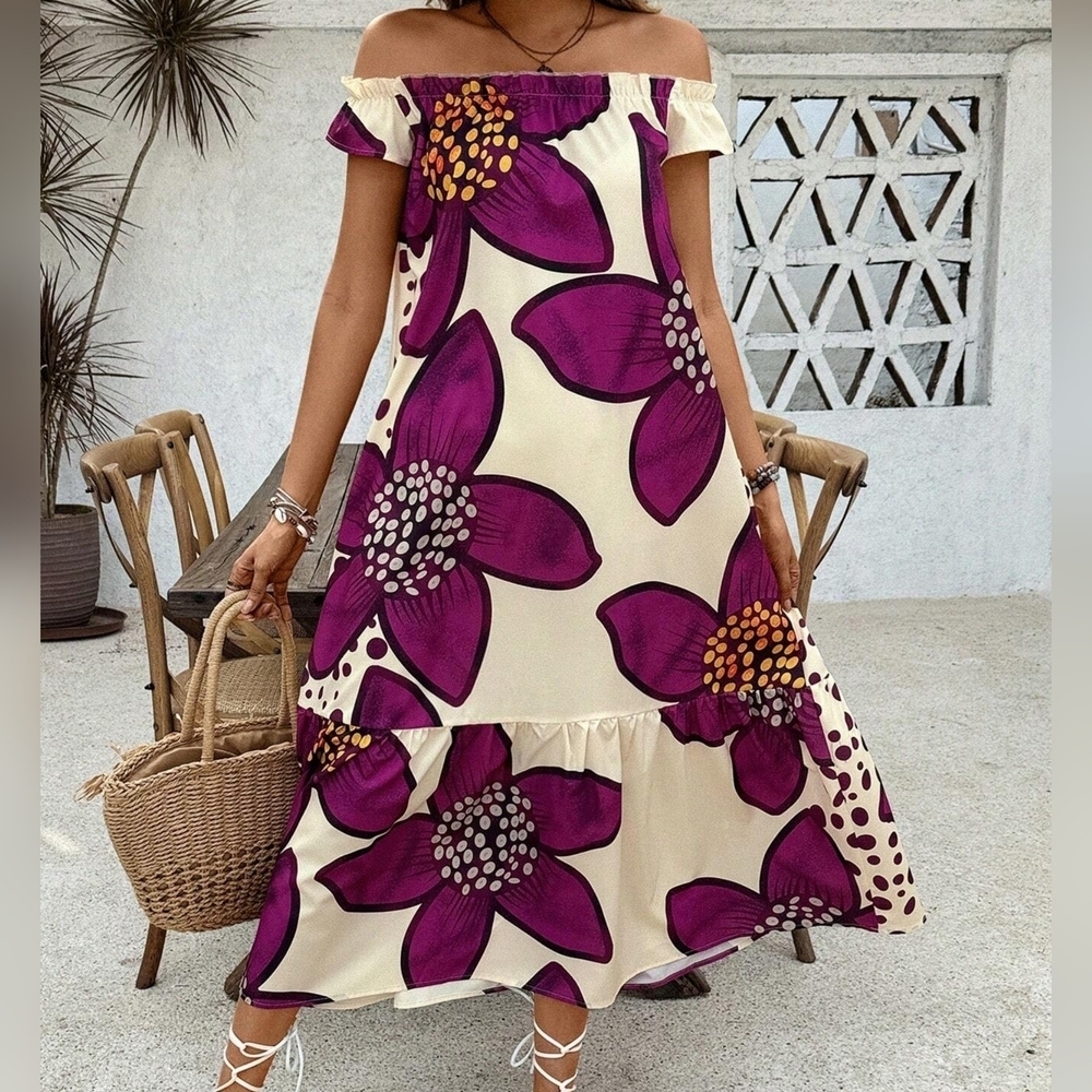 Women\ One Shoulder Printed Casual Vacation Dress With Ruffled Hem - Picture 2 of 4